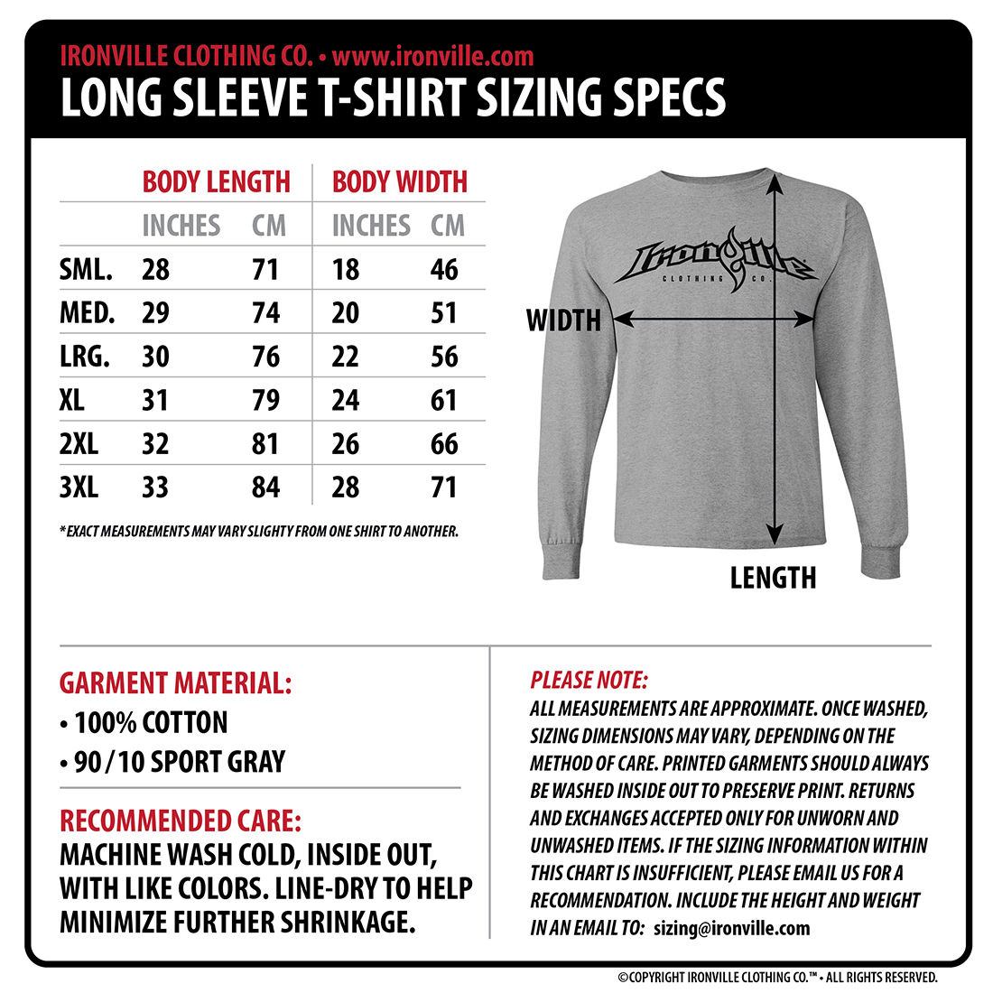 Ironville Size Charts | Gym Apparel Measurments ...
