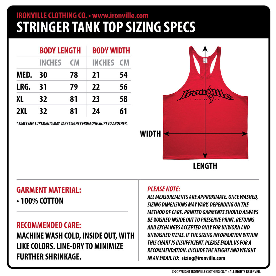 Ironville Size Charts, Gym Apparel Measurments