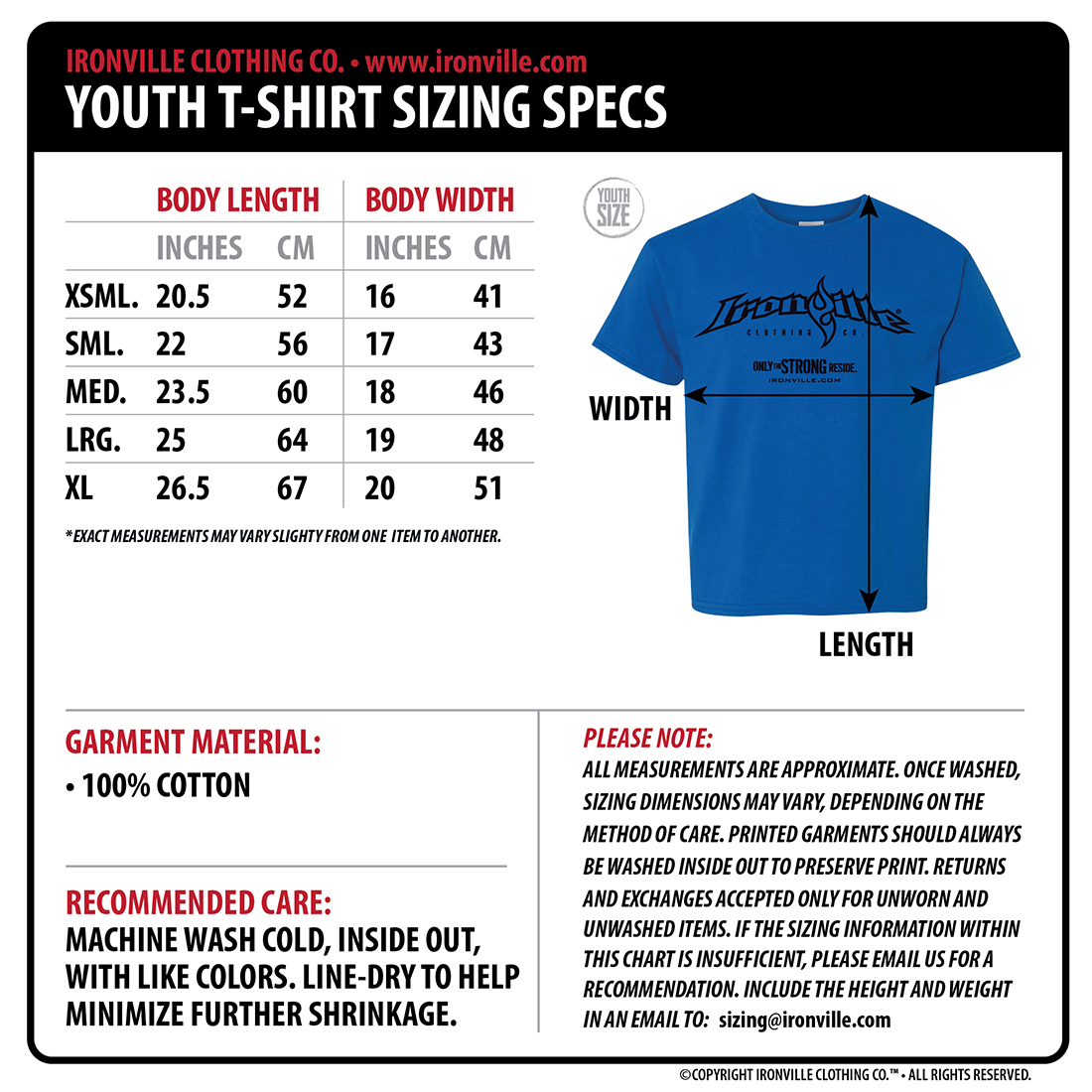 ironville clothing youth kids t shirt size chart