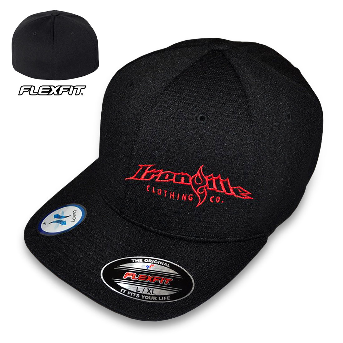 Black Horizontal Hat with Flexfit Strongman Dry Logo and Ironville Cool