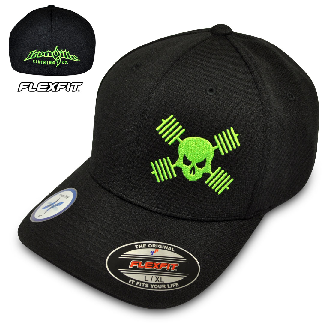 https://www.ironville.com/wp-content/uploads/2016/06/skull-and-barbells-hat-flexfit-cool-dry-bodybuilding-powerlifting-weightlifting-black-with-neon-green.jpg