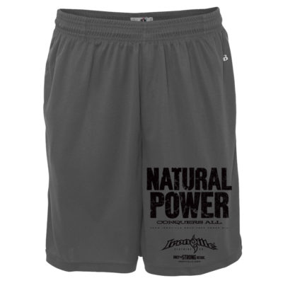 Natural Power Conquers All Powerlifting Gym Shorts Polyester Charcoal Gray